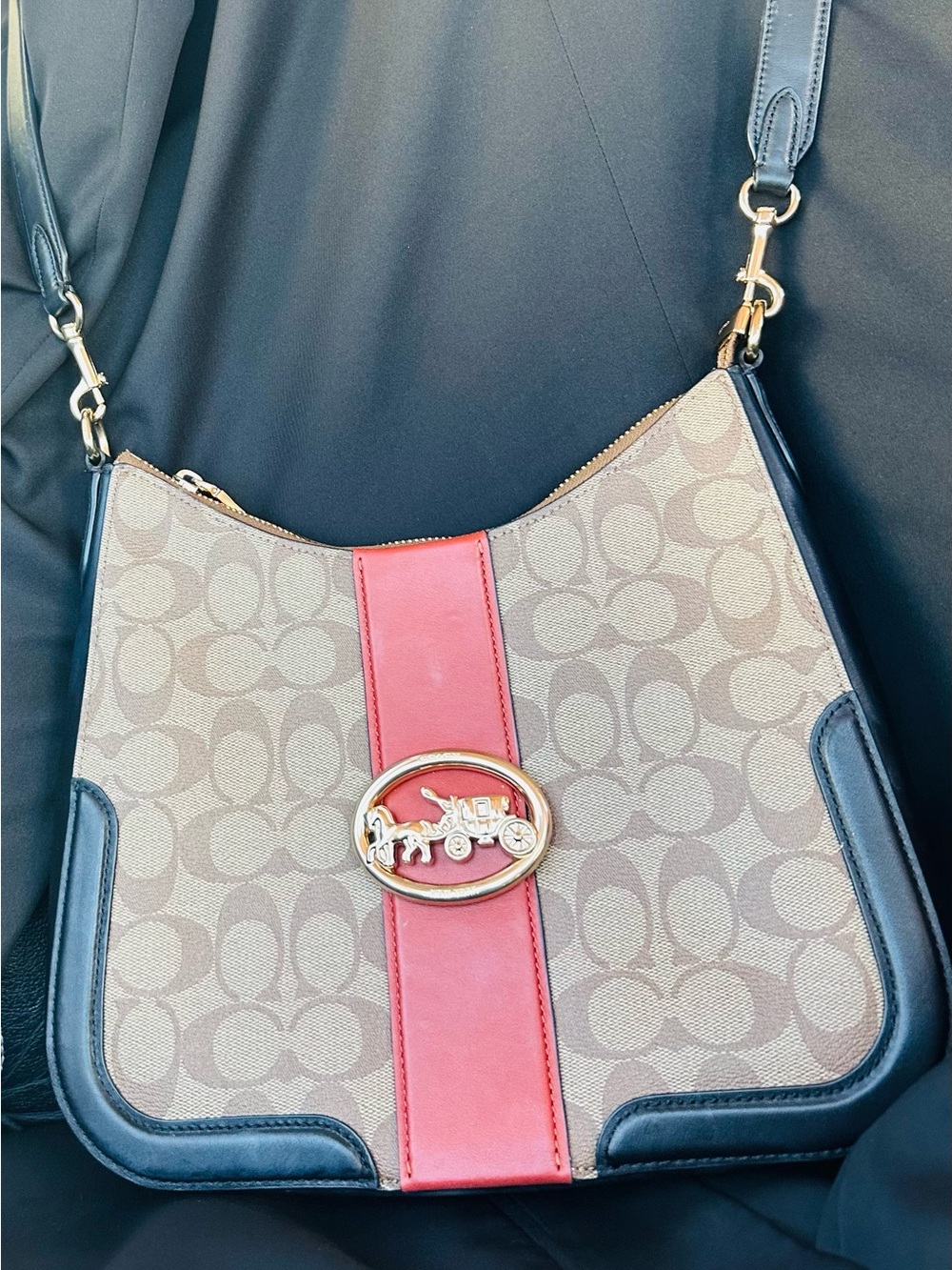 Coach Signature Canvas Shoulder Bag with Red Center Stripe and Black Trim